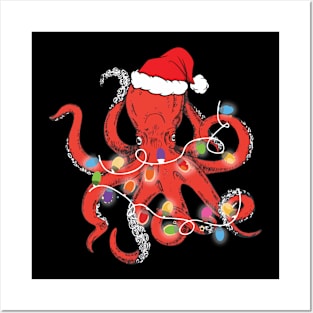 Octopus With Santa's Hat Christmas Lights Family Gift Posters and Art